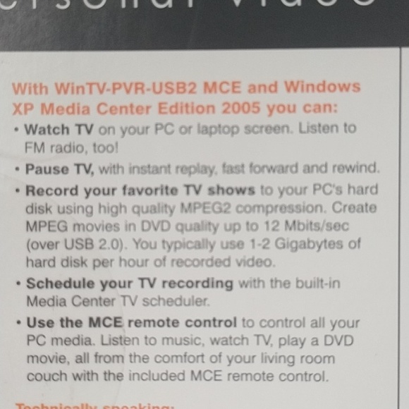 Personal video recorder WinTV-PVR USB2 MCE & Windows XP media center edt 2005 - Picture 11 of 16